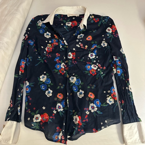 TORY BURCH Pansy Floral Print Button Down Shirt Contrast Collar - Picture 5 of 9